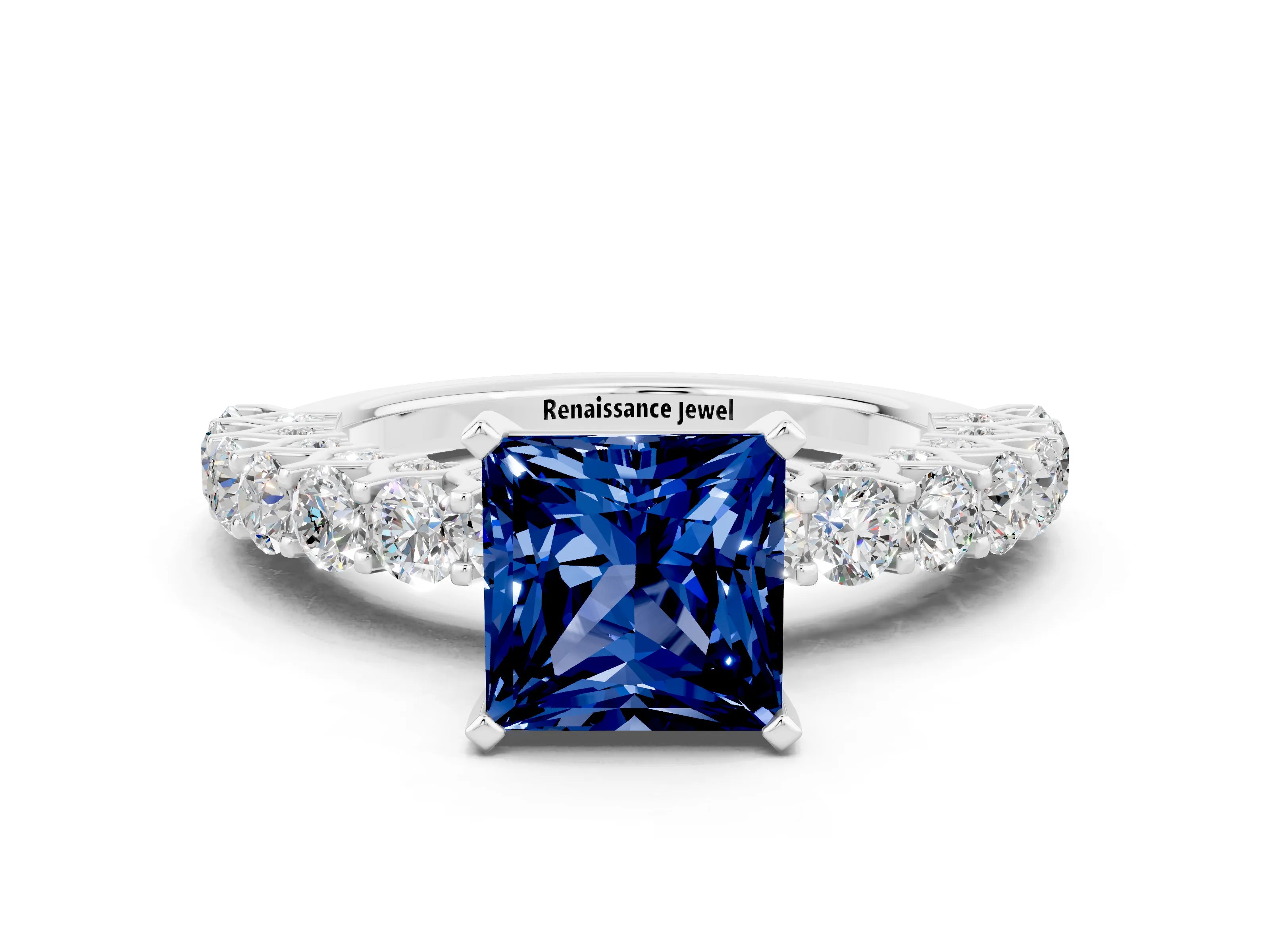 White gold Princess Cut Blue Sapphire Solitaire Ring with Shared Prong Pavé Band and Four-Prong Setting