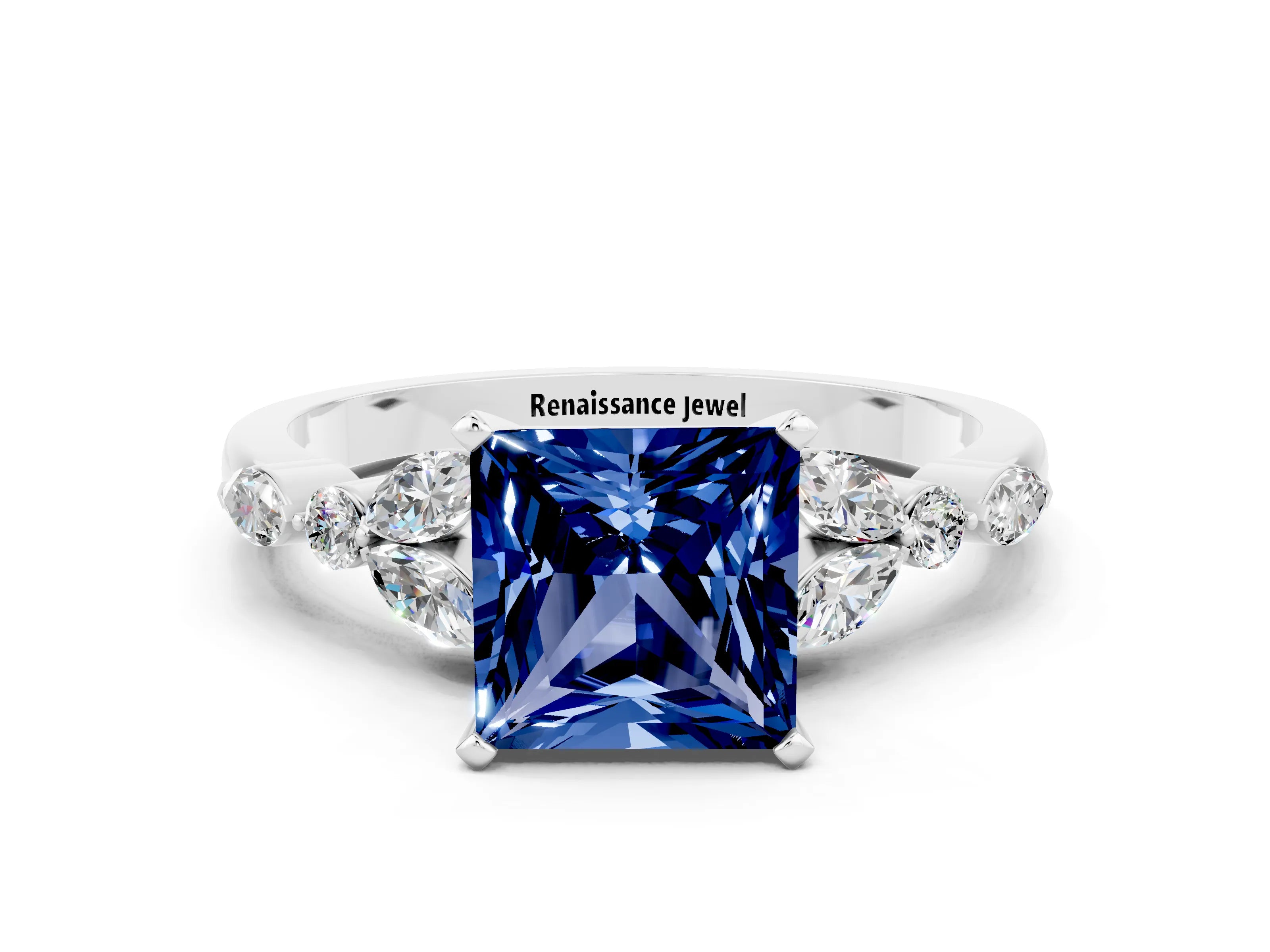 White gold Princess Cut Blue Sapphire Solitaire Ring with Side Stones and Four-Prong Setting_12