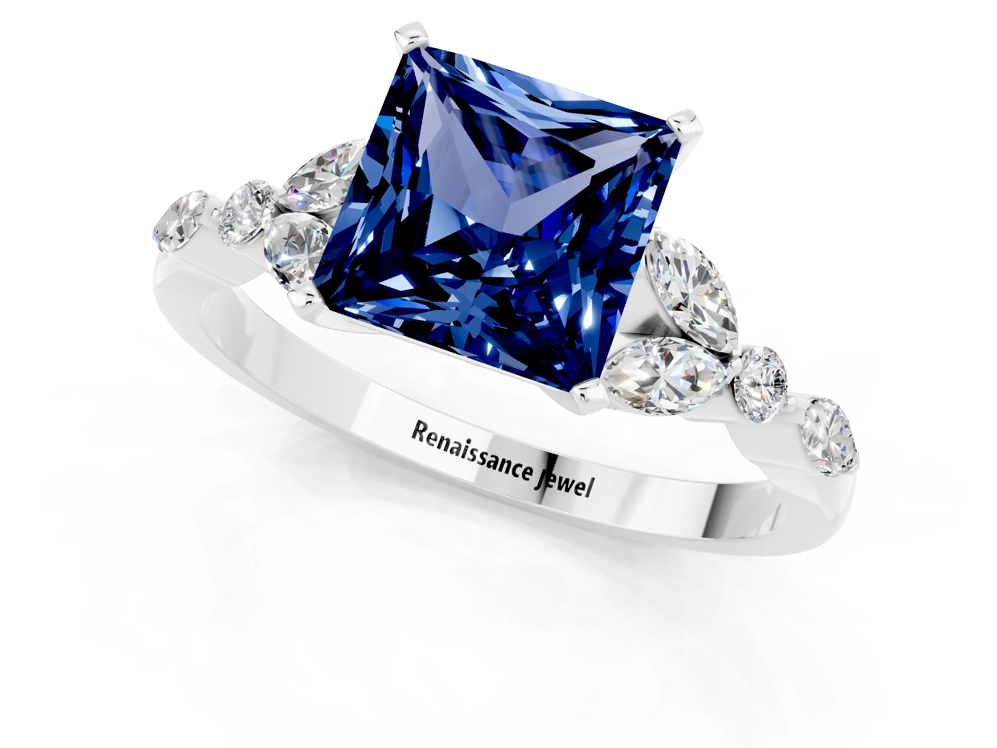 White gold Princess Cut Blue Sapphire Solitaire Ring with Side Stones and Four-Prong Setting_13
