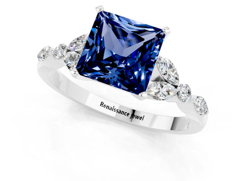 White gold Princess Cut Blue Sapphire Solitaire Ring with Side Stones and Four-Prong Setting_13