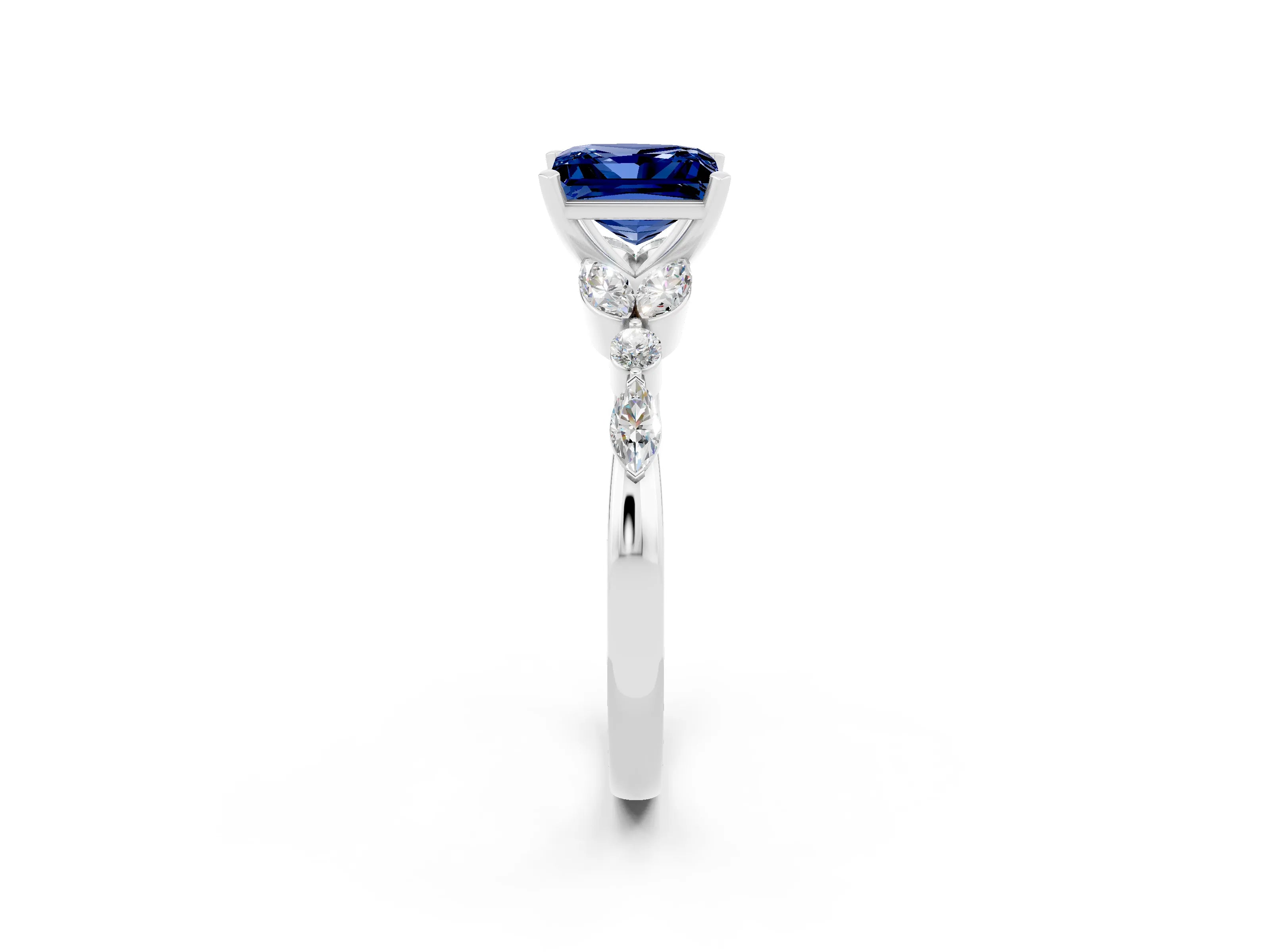 White gold Princess Cut Blue Sapphire Solitaire Ring with Side Stones and Four-Prong Setting_14