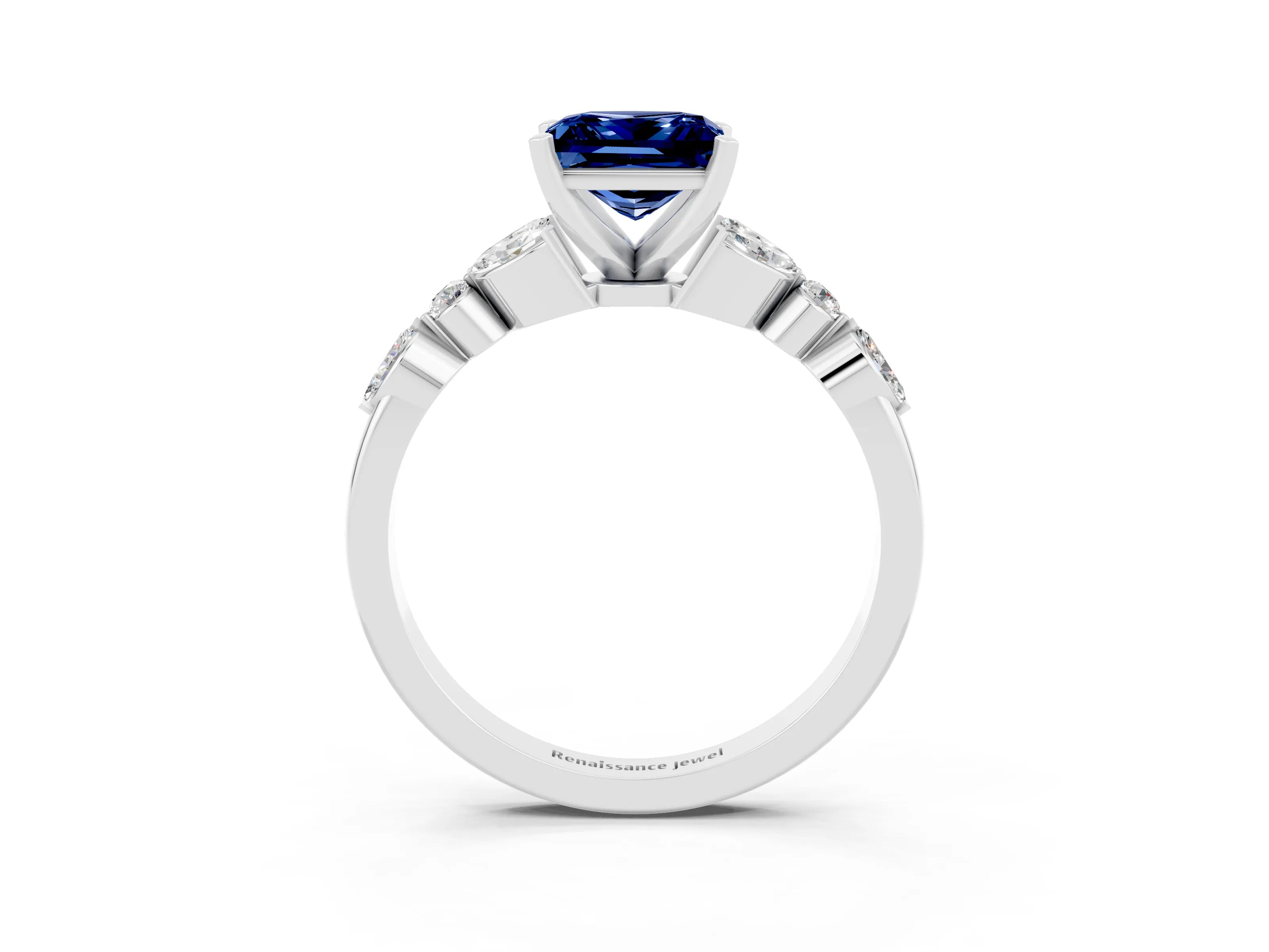 White gold Princess Cut Blue Sapphire Solitaire Ring with Side Stones and Four-Prong Setting_15