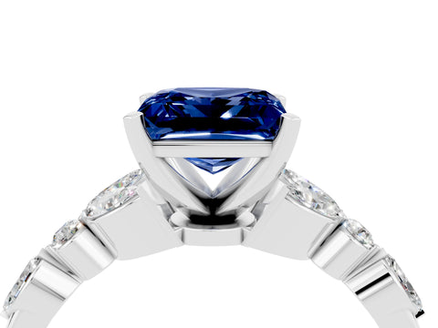White gold Princess Cut Blue Sapphire Solitaire Ring with Side Stones and Four-Prong Setting_16