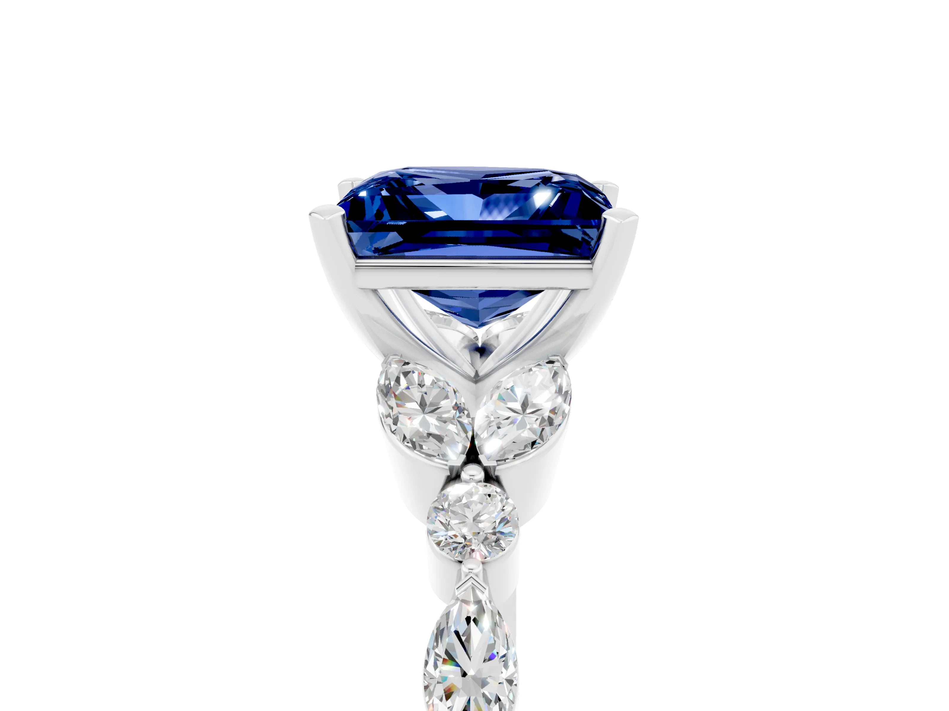 White gold Princess Cut Blue Sapphire Solitaire Ring with Side Stones and Four-Prong Setting_17