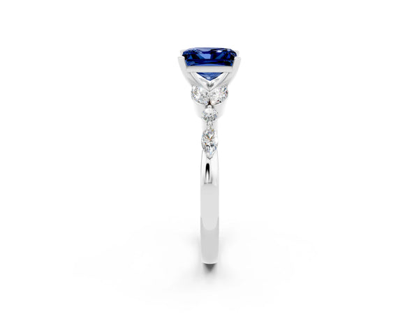 White gold Princess Cut Blue Sapphire Solitaire Ring with Side Stones and Four-Prong Setting