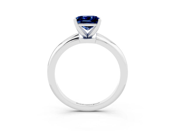 Platinum Princess Cut Blue Sapphire Solitaire Ring with Six-Prong Setting and Classic Band