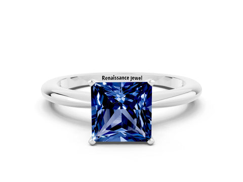 White gold Princess Cut Blue Sapphire Solitaire Ring with Six-Prong Setting and Classic Band_24