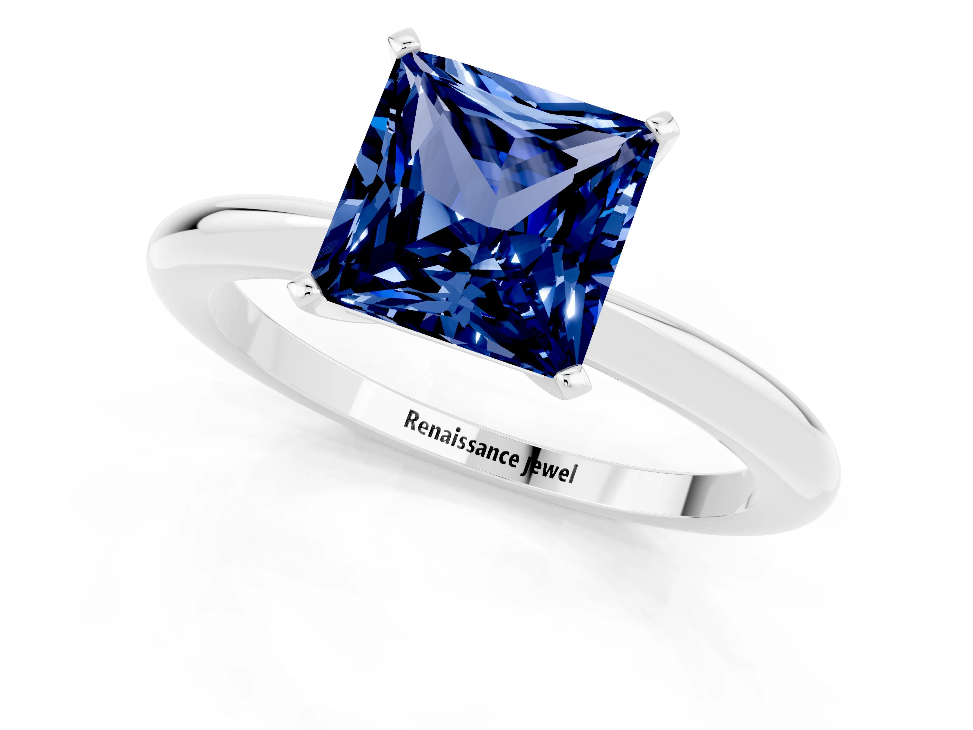 White gold Princess Cut Blue Sapphire Solitaire Ring with Six-Prong Setting and Classic Band_25
