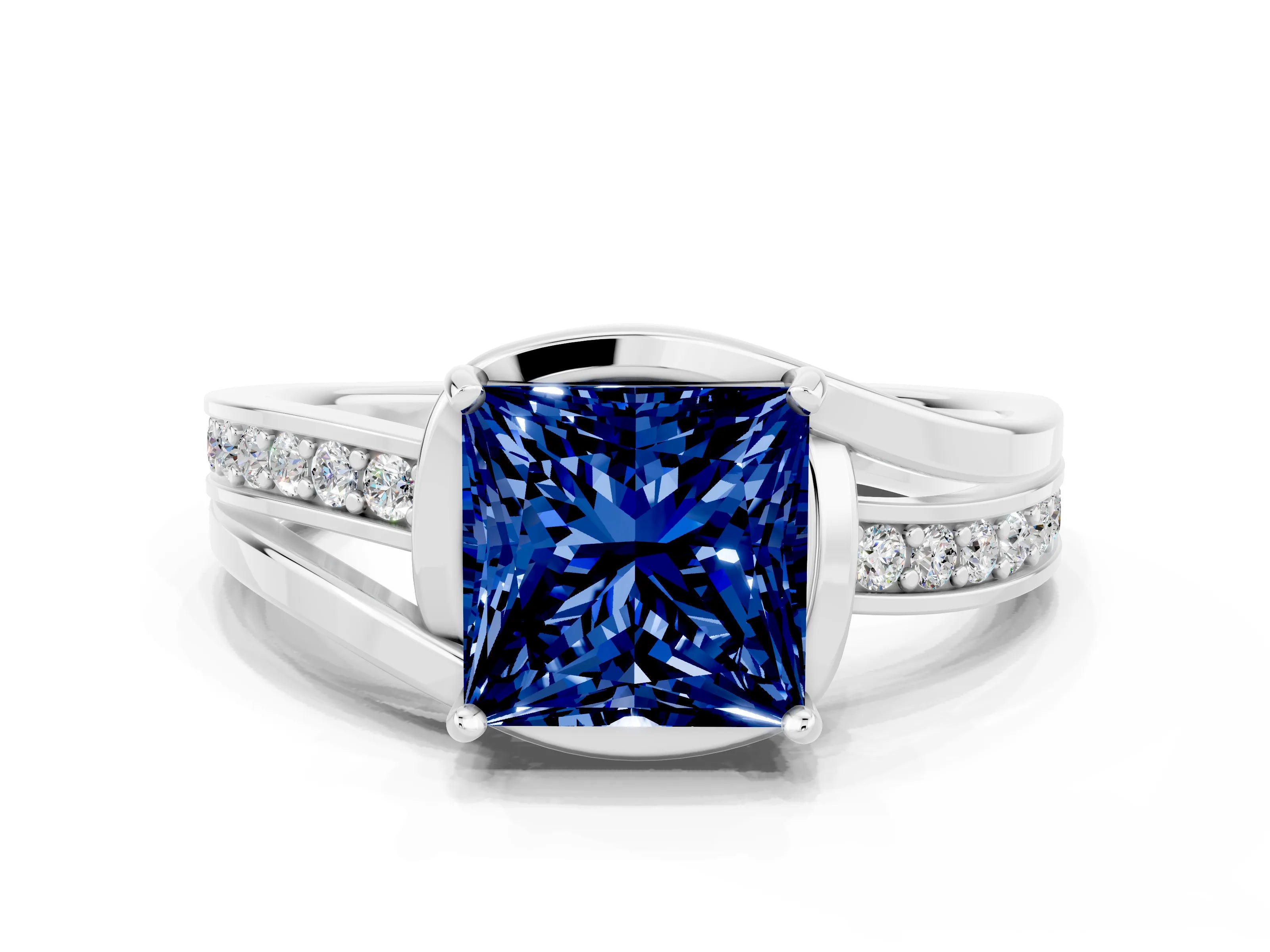 White gold Princess Cut Blue Sapphire Solitaire Ring with Split Shank and Prong Setting