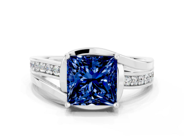 Platinum Princess Cut Blue Sapphire Solitaire Ring with Split Shank and Prong Setting