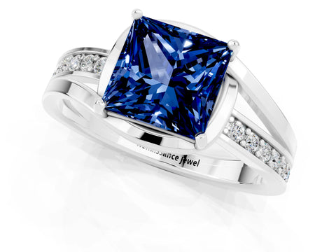 White gold Princess Cut Blue Sapphire Solitaire Ring with Split Shank and Prong Setting_1