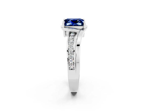 Platinum Princess Cut Blue Sapphire Solitaire Ring with Split Shank and Prong Setting