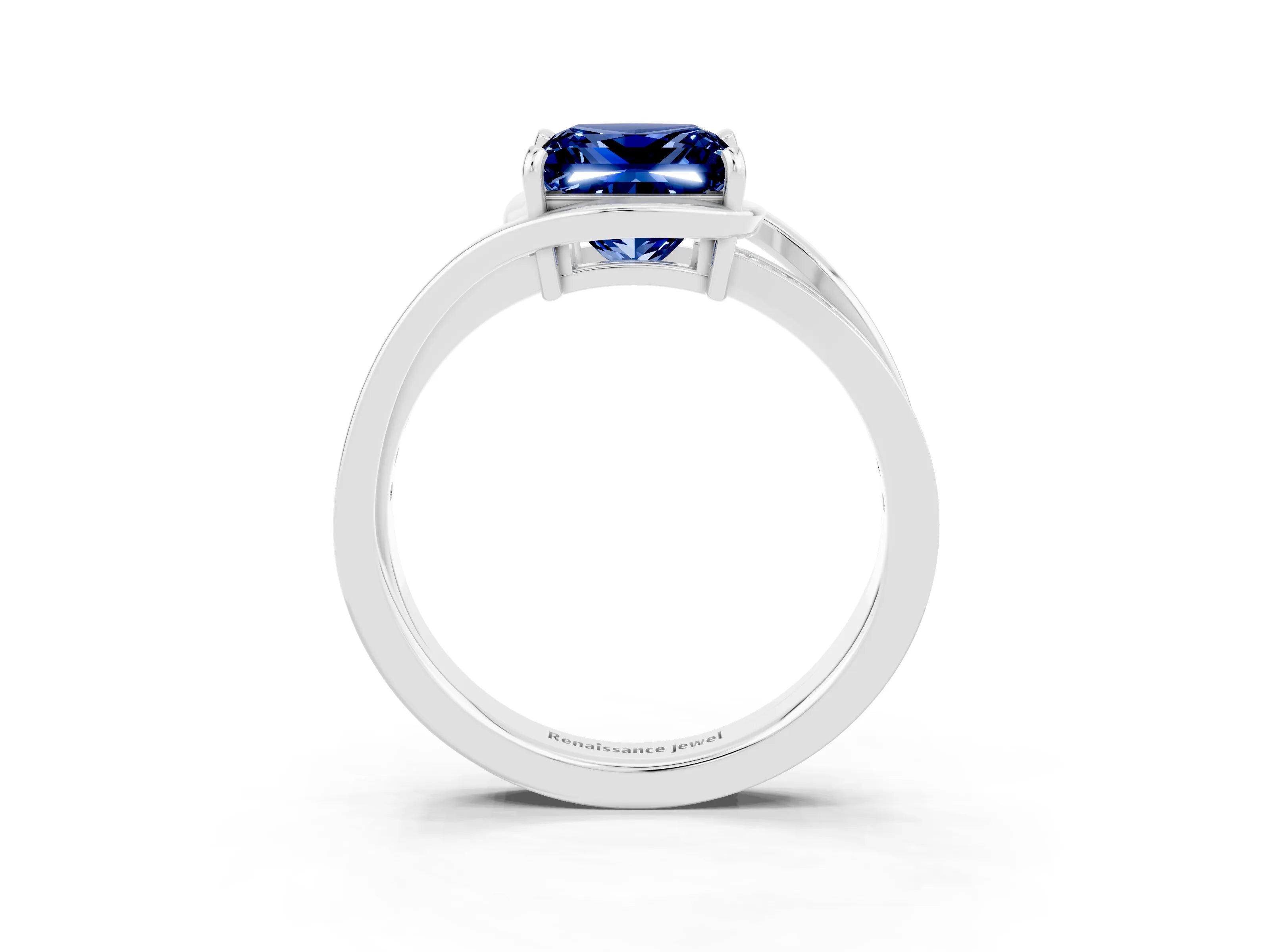 White gold Princess Cut Blue Sapphire Solitaire Ring with Split Shank and Prong Setting_3
