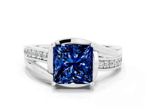 White gold Princess Cut Blue Sapphire Solitaire Ring with Split Shank and Prong Setting