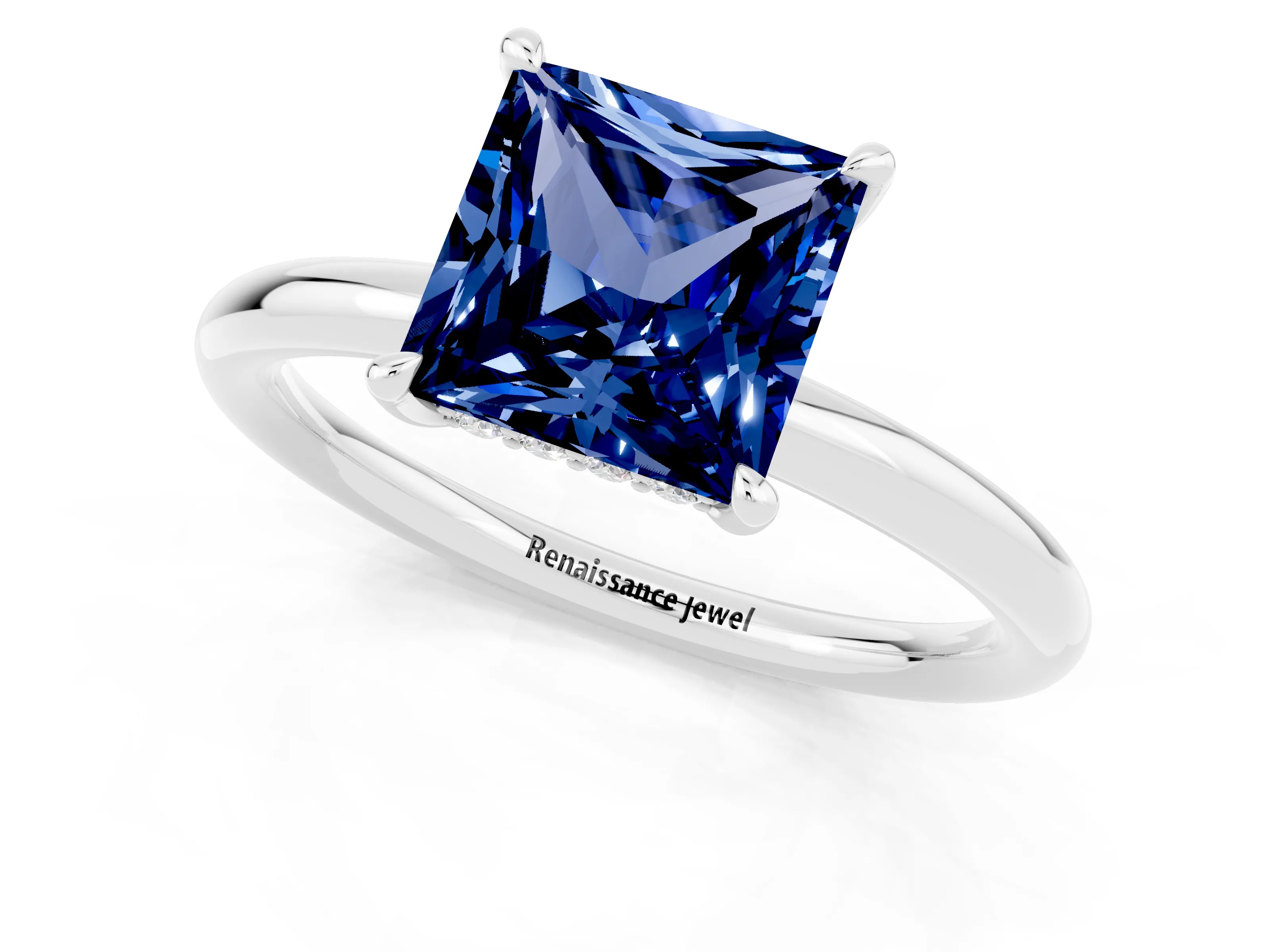 White gold Princess Cut Blue Sapphire Solitaire Ring with Thin Band and Four-Prong Setting_1