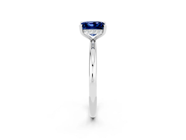 Platinum Princess Cut Blue Sapphire Solitaire Ring with Thin Band and Four-Prong Setting