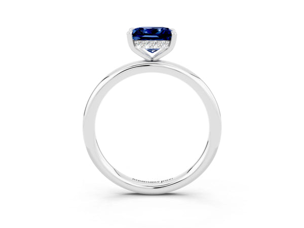 White gold Princess Cut Blue Sapphire Solitaire Ring with Thin Band and Four-Prong Setting