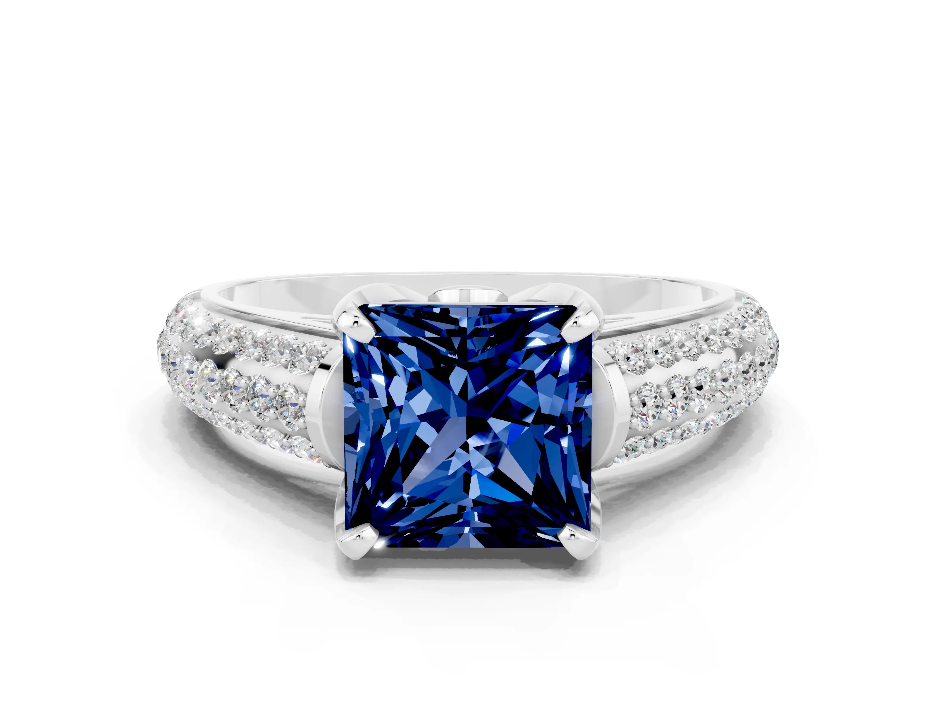White gold Princess Cut Blue Sapphire Solitaire Ring with Three-Row Pavé Band and Four-Prong Setting_12
