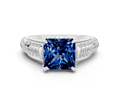 White gold Princess Cut Blue Sapphire Solitaire Ring with Three-Row Pavé Band and Four-Prong Setting_12