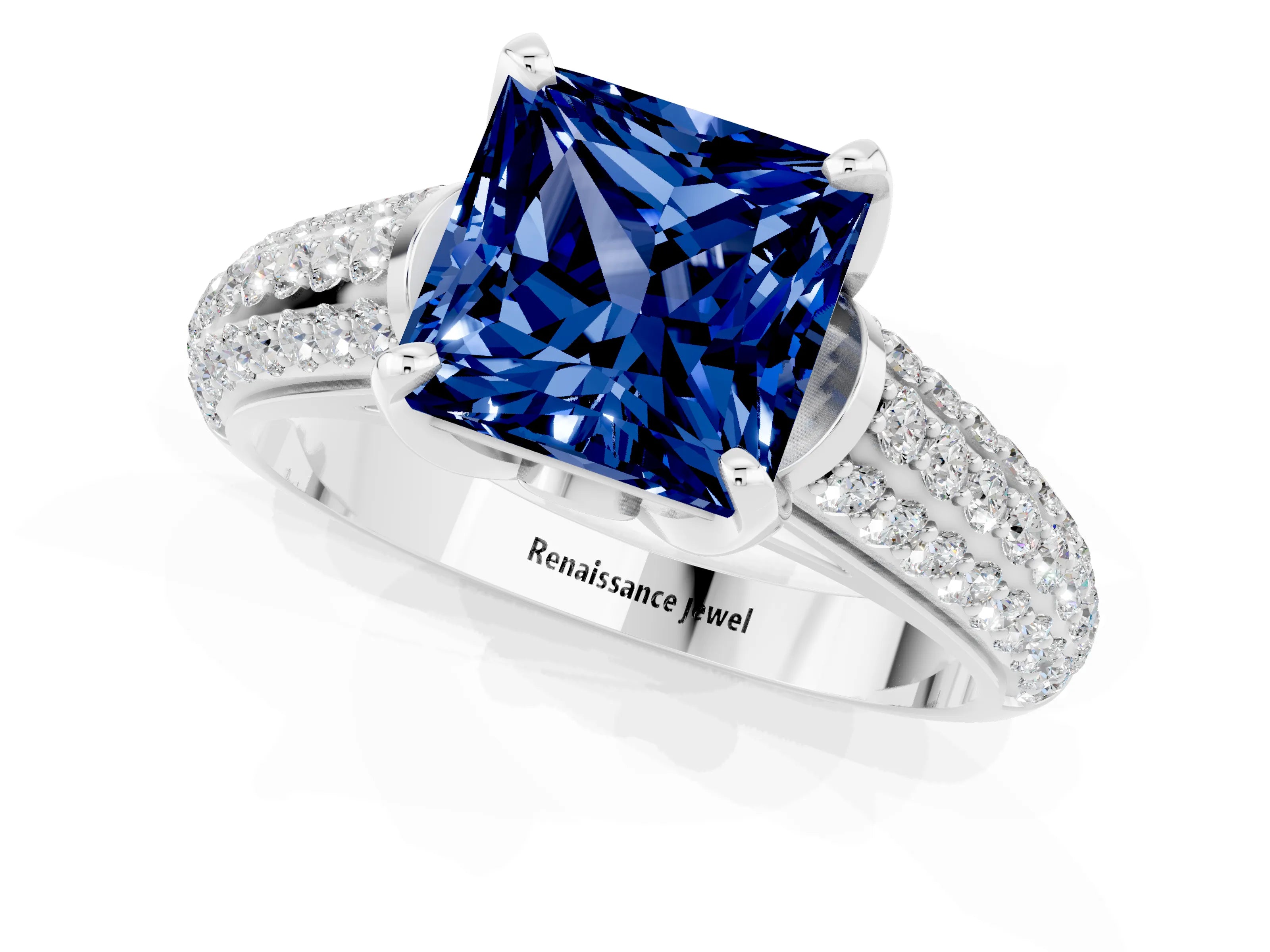White gold Princess Cut Blue Sapphire Solitaire Ring with Three-Row Pavé Band and Four-Prong Setting_13