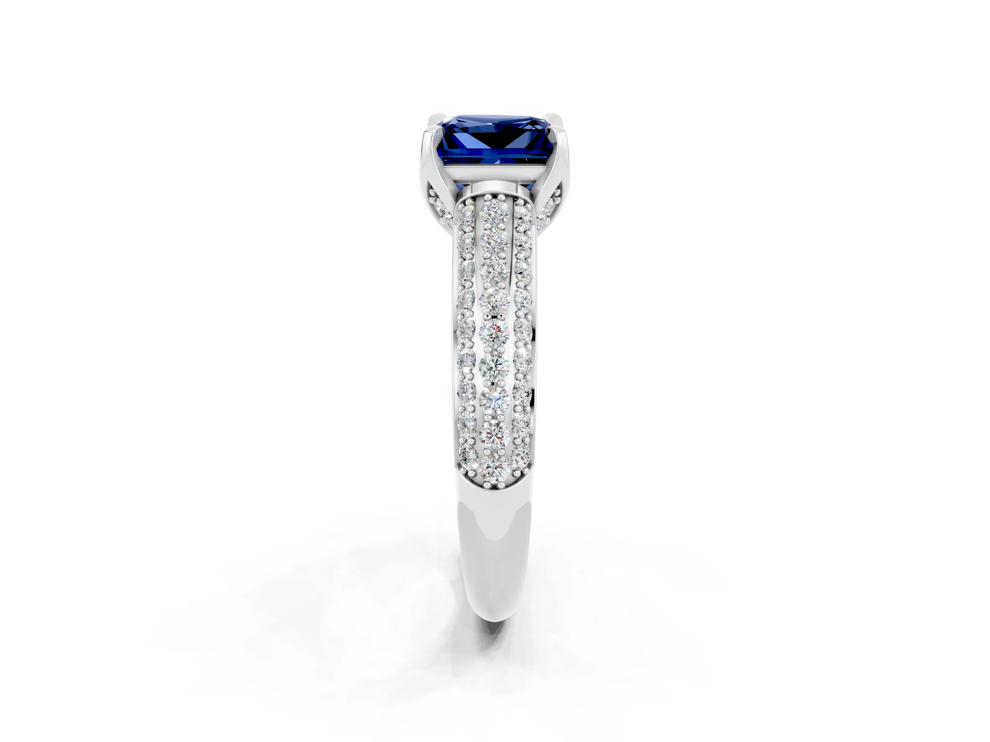 White gold Princess Cut Blue Sapphire Solitaire Ring with Three-Row Pavé Band and Four-Prong Setting_14