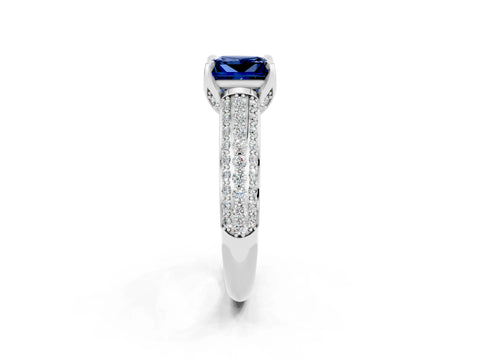 White gold Princess Cut Blue Sapphire Solitaire Ring with Three-Row Pavé Band and Four-Prong Setting_14