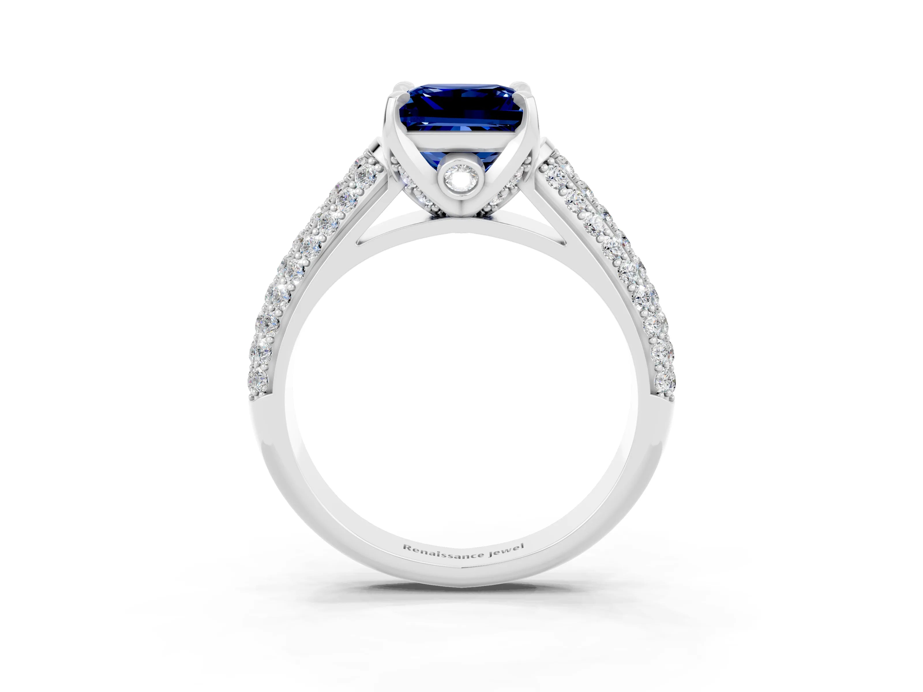 White gold Princess Cut Blue Sapphire Solitaire Ring with Three-Row Pavé Band and Four-Prong Setting_15