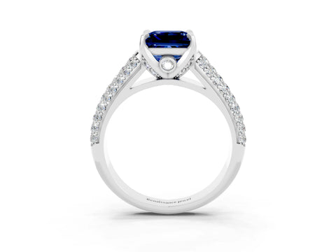 White gold Princess Cut Blue Sapphire Solitaire Ring with Three-Row Pavé Band and Four-Prong Setting_15