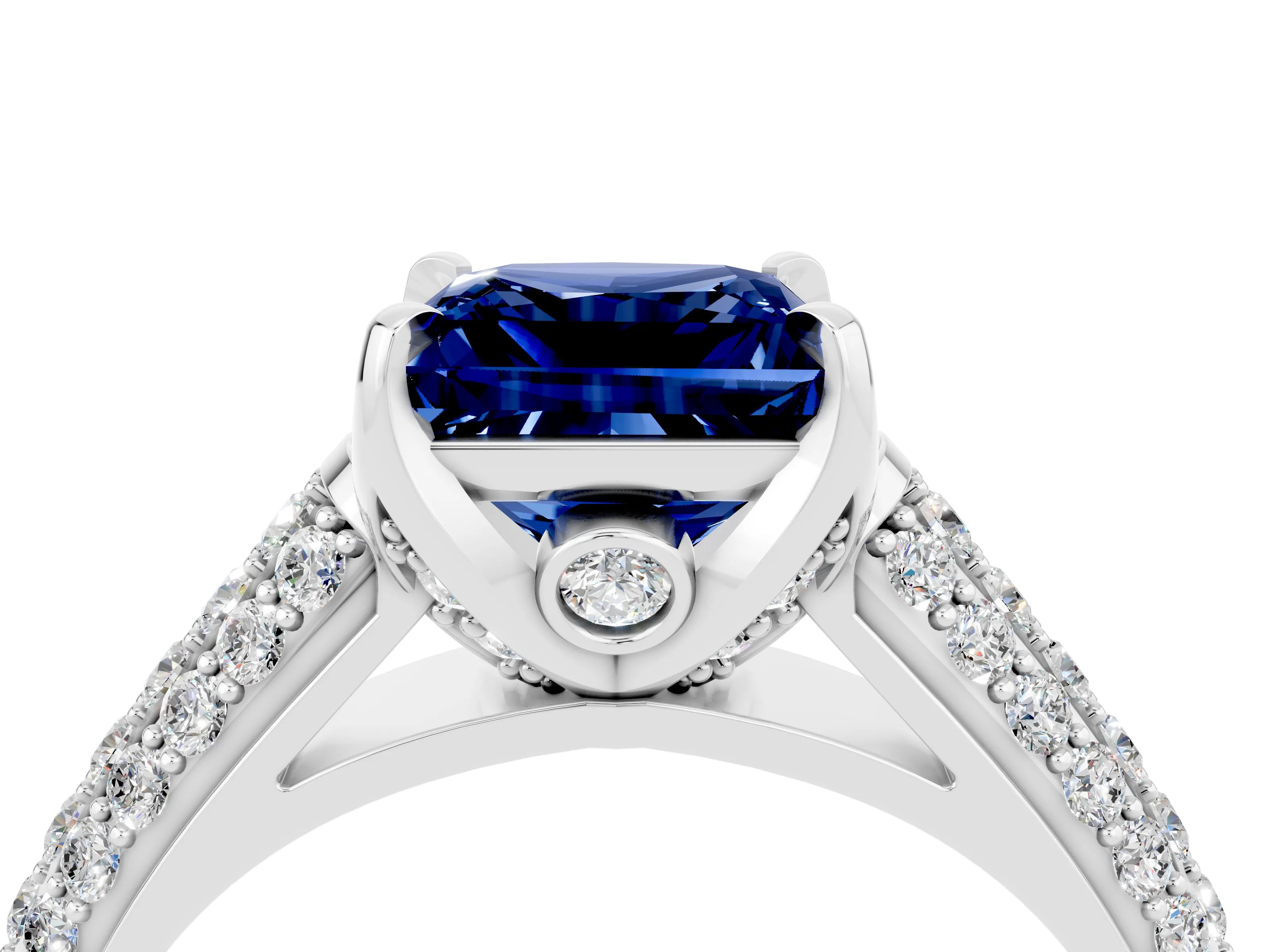 White gold Princess Cut Blue Sapphire Solitaire Ring with Three-Row Pavé Band and Four-Prong Setting_16