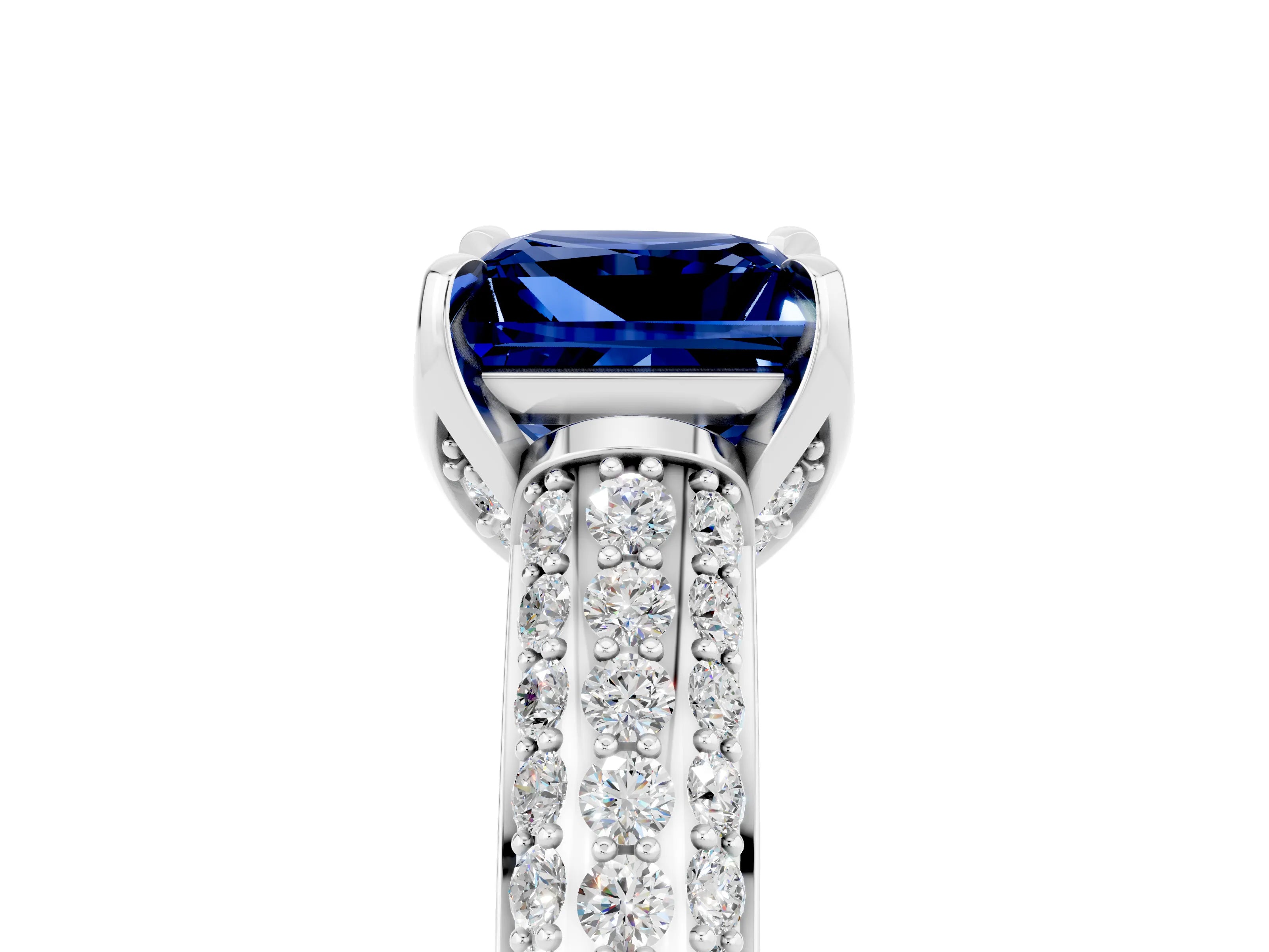 White gold Princess Cut Blue Sapphire Solitaire Ring with Three-Row Pavé Band and Four-Prong Setting_17