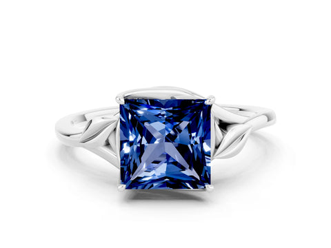 White gold Princess Cut Blue Sapphire Solitaire Ring with Twist Band and Four-Prong Setting_12