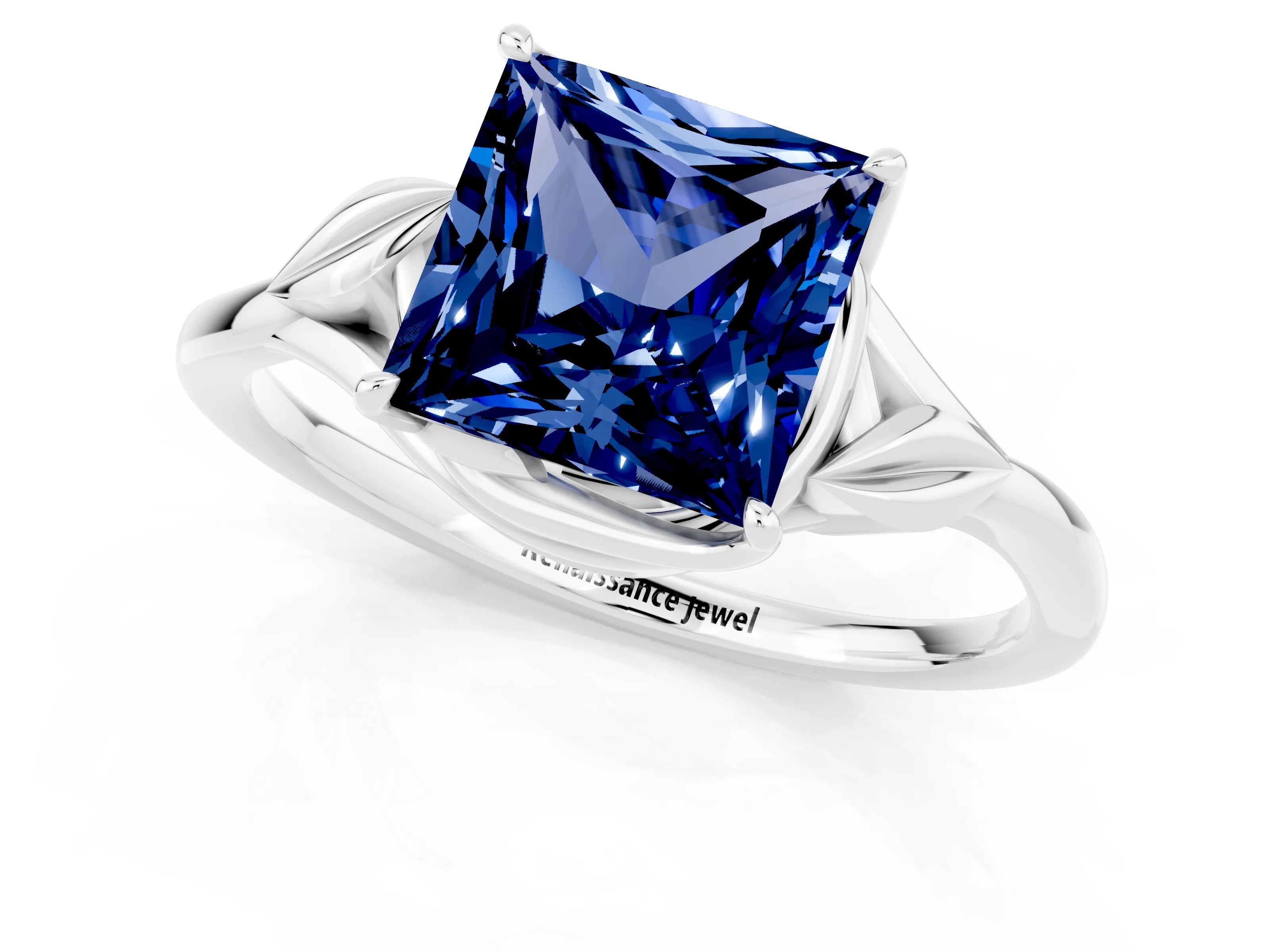 White gold Princess Cut Blue Sapphire Solitaire Ring with Twist Band and Four-Prong Setting_13
