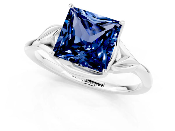 Silver Princess Cut Blue Sapphire Solitaire Ring with Twist Band and Four-Prong Setting