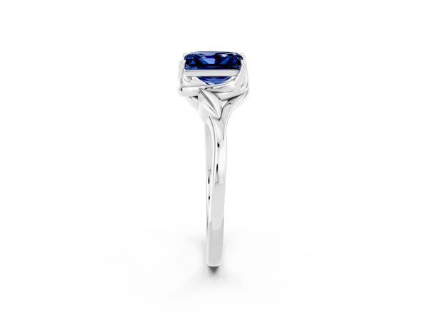 Platinum Princess Cut Blue Sapphire Solitaire Ring with Twist Band and Four-Prong Setting