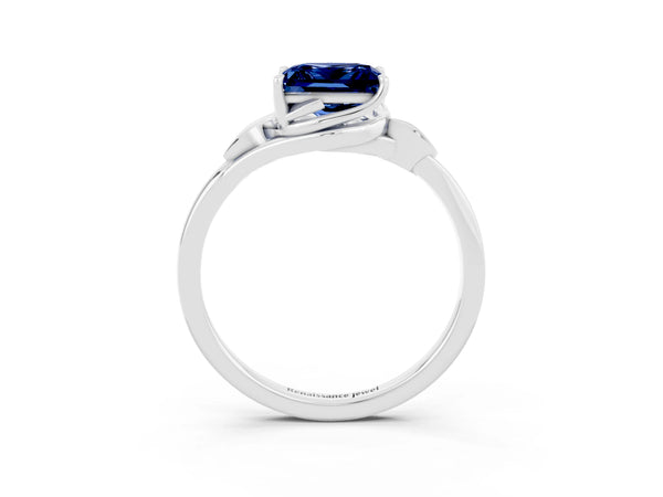 Platinum Princess Cut Blue Sapphire Solitaire Ring with Twist Band and Four-Prong Setting