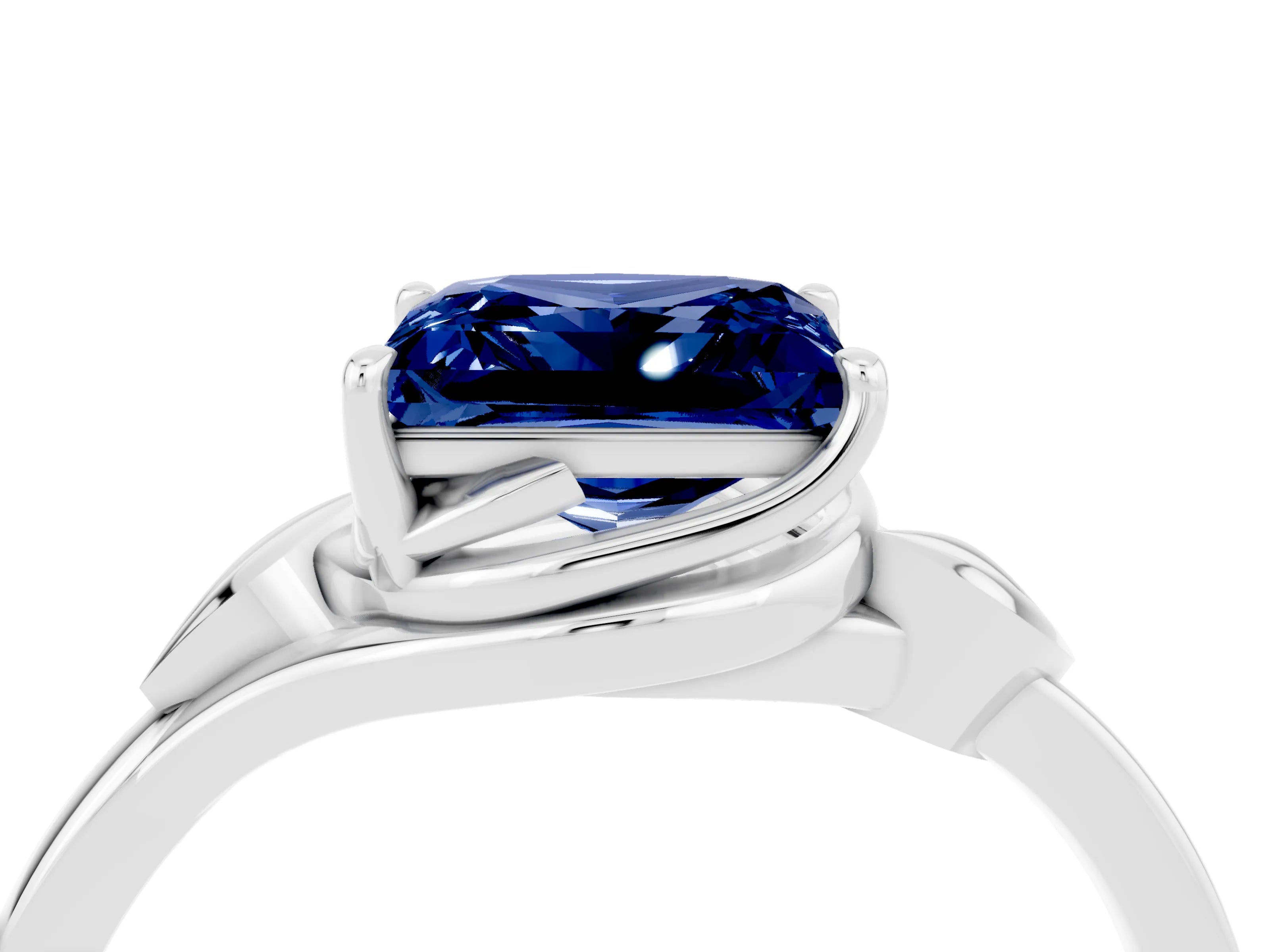 White gold Princess Cut Blue Sapphire Solitaire Ring with Twist Band and Four-Prong Setting_16