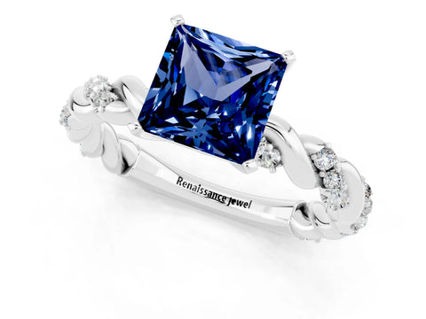 White gold Princess Cut Blue Sapphire Solitaire Ring with Twisted Band and Pavé Accents_1