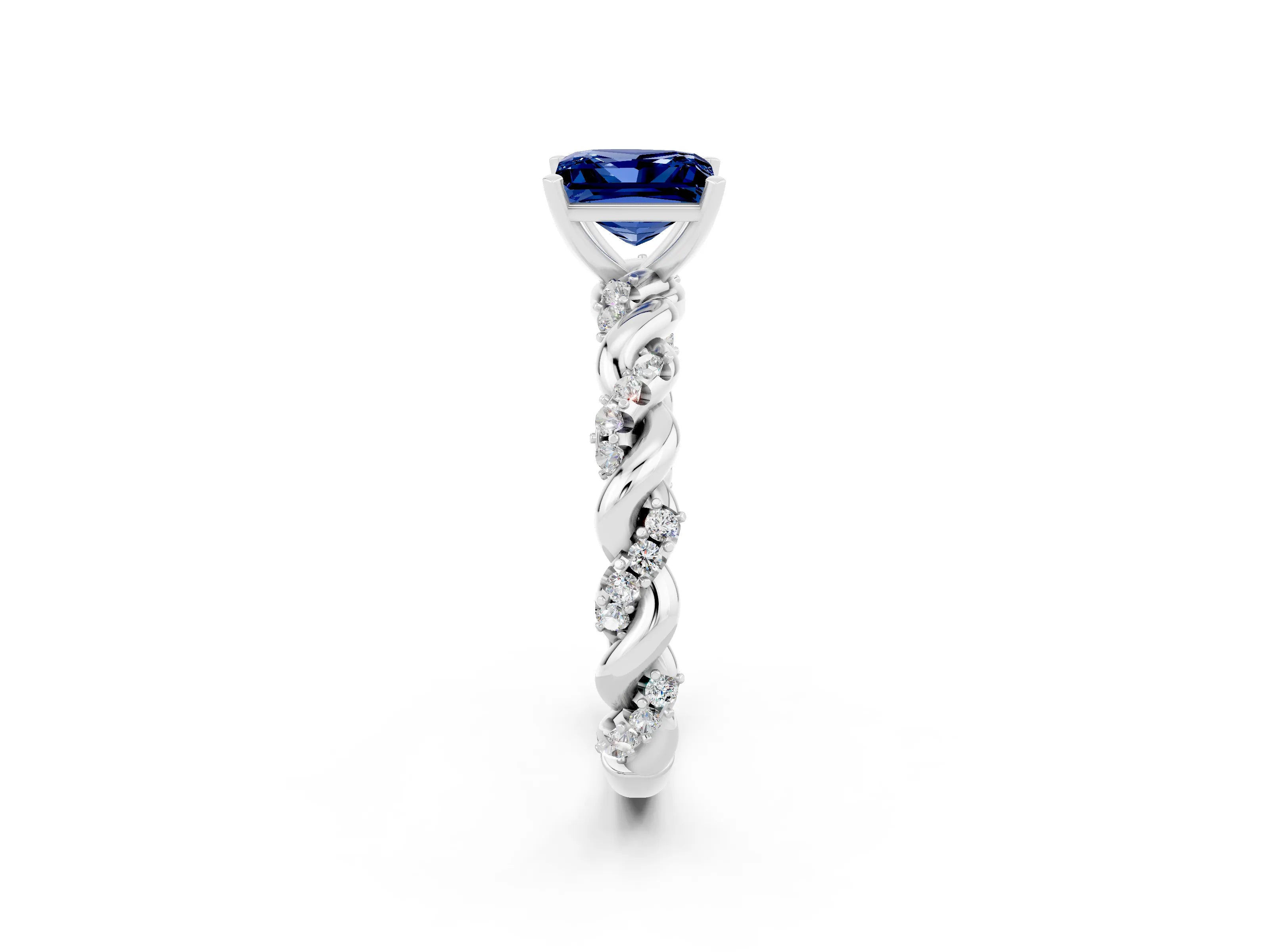 White gold Princess Cut Blue Sapphire Solitaire Ring with Twisted Band and Pavé Accents_2