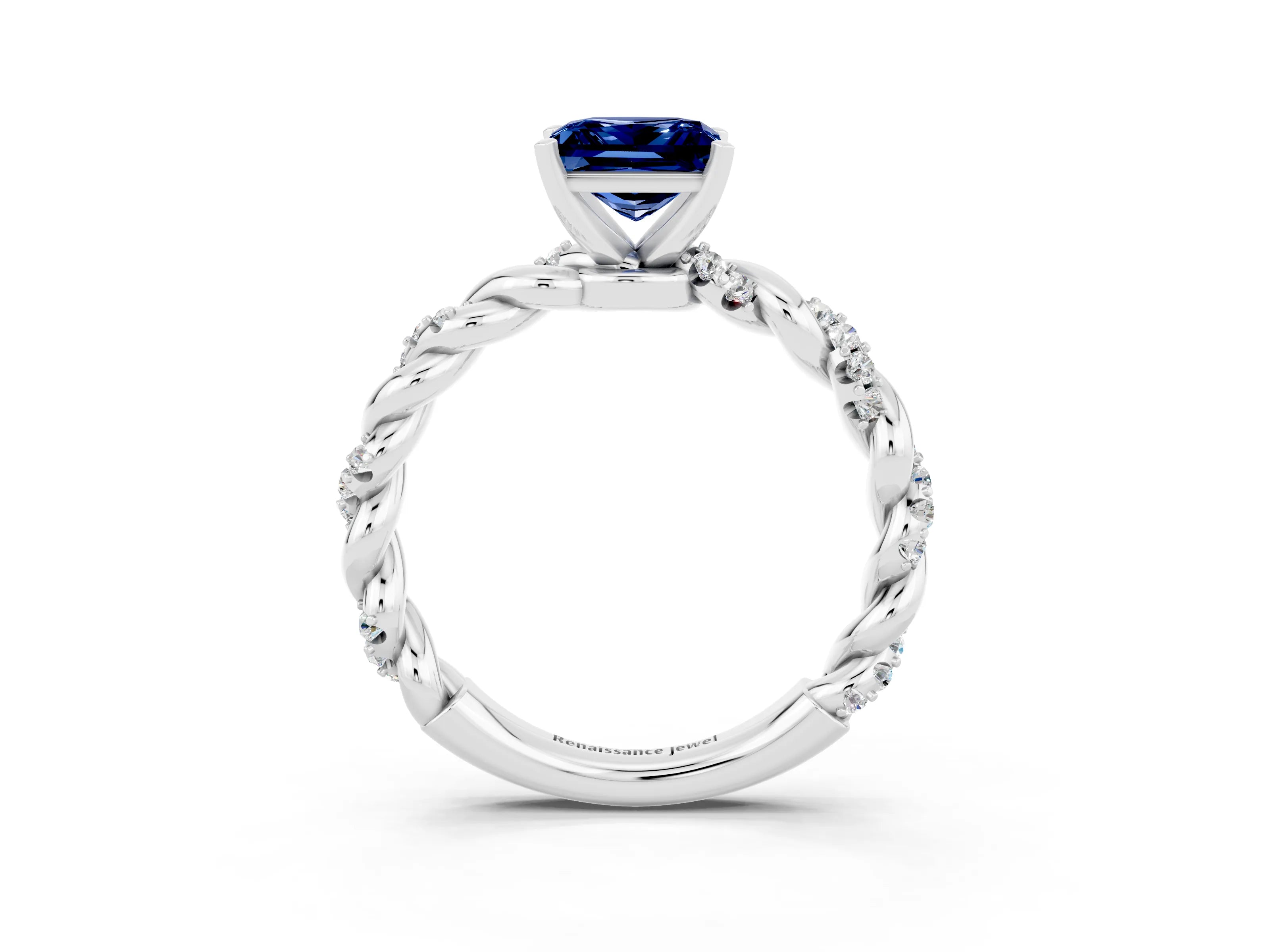 White gold Princess Cut Blue Sapphire Solitaire Ring with Twisted Band and Pavé Accents_3