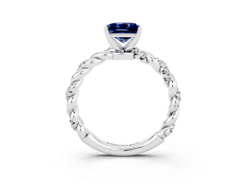 White gold Princess Cut Blue Sapphire Solitaire Ring with Twisted Band and Pavé Accents_3