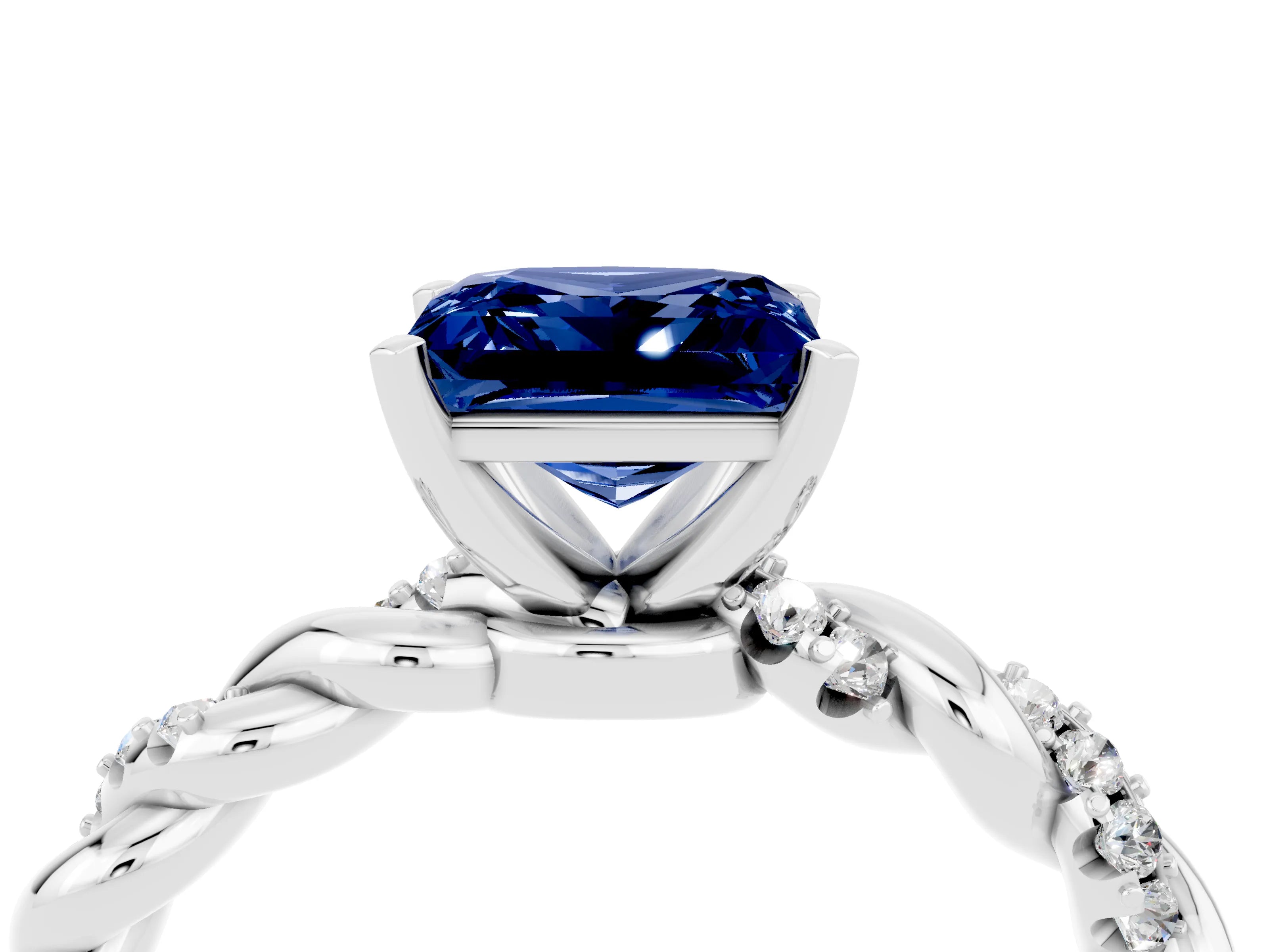 White gold Princess Cut Blue Sapphire Solitaire Ring with Twisted Band and Pavé Accents_4