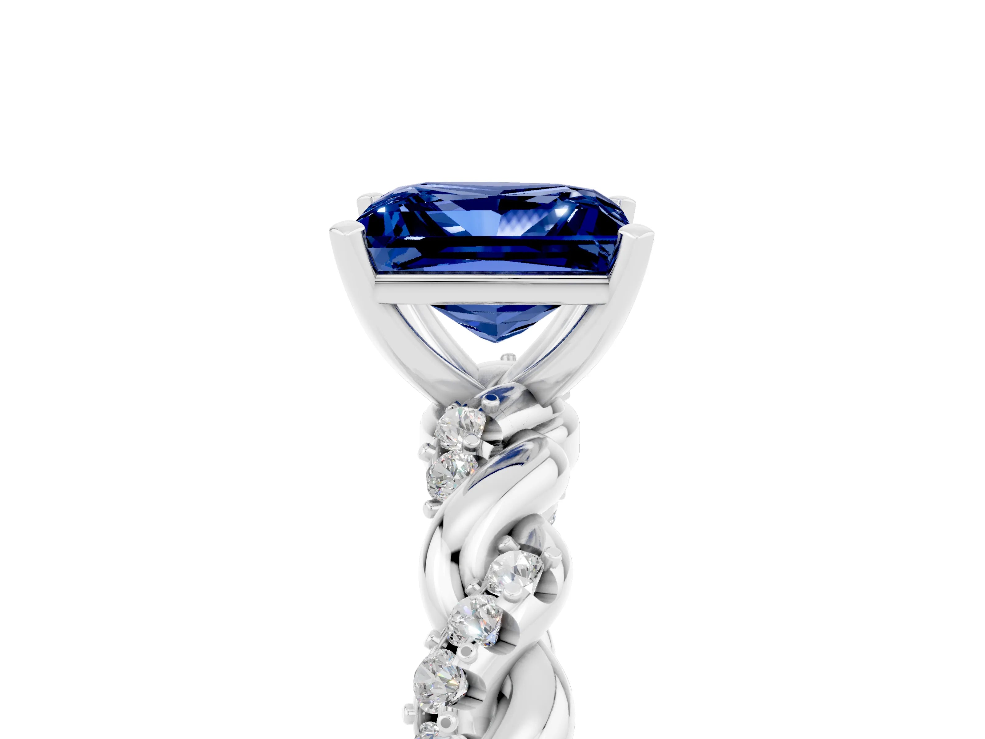 White gold Princess Cut Blue Sapphire Solitaire Ring with Twisted Band and Pavé Accents_5
