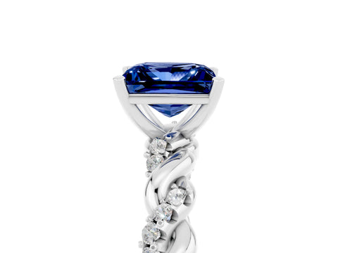 White gold Princess Cut Blue Sapphire Solitaire Ring with Twisted Band and Pavé Accents_5