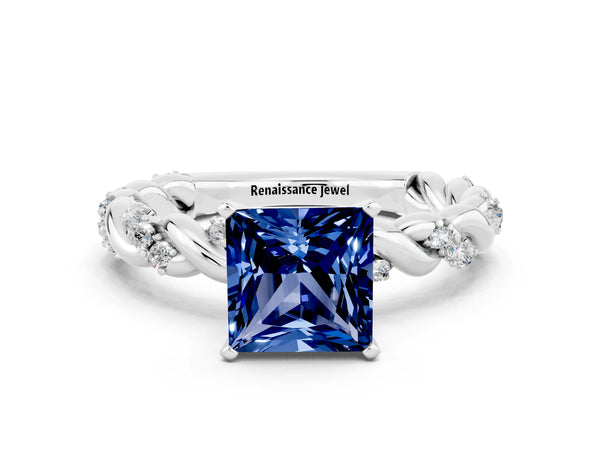 Silver Princess Cut Blue Sapphire Solitaire Ring with Twisted Band and Pavé Accents