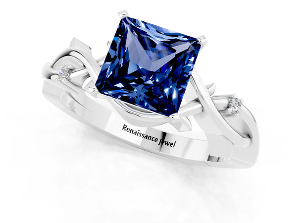 White gold Princess Cut Blue Sapphire Solitaire Ring with Twisted Band and Prong Setting