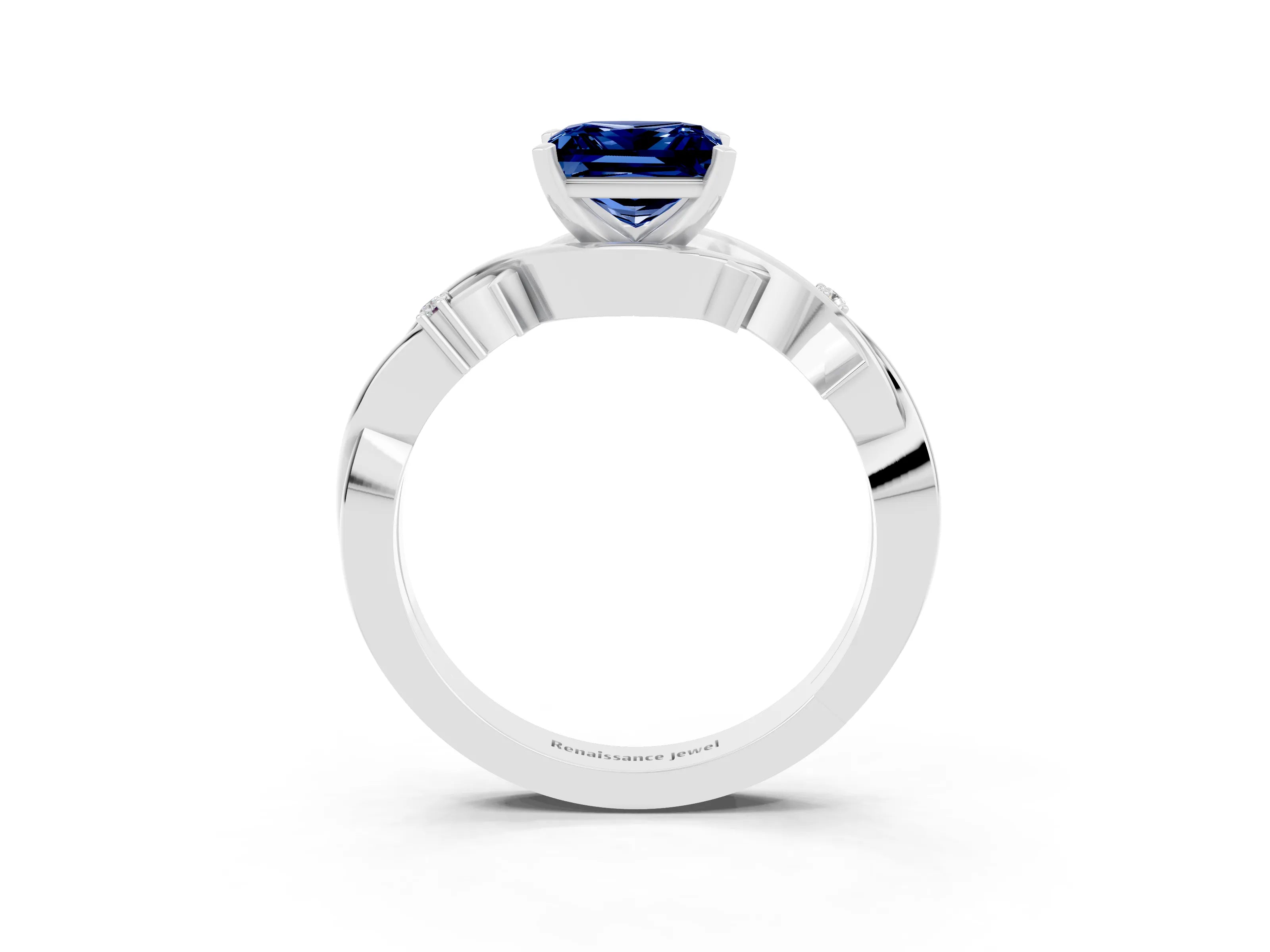 White gold Princess Cut Blue Sapphire Solitaire Ring with Twisted Band and Prong Setting_15