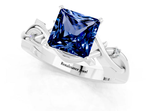 White gold Princess Cut Blue Sapphire Solitaire Ring with Twisted Band and Prong Setting_1