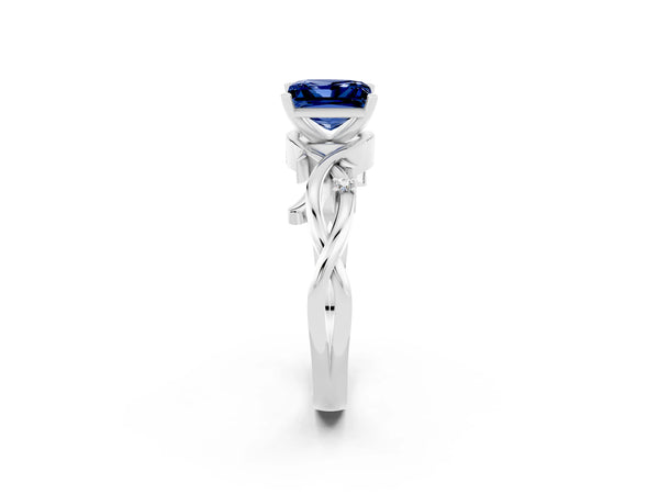 Platinum Princess Cut Blue Sapphire Solitaire Ring with Twisted Band and Prong Setting