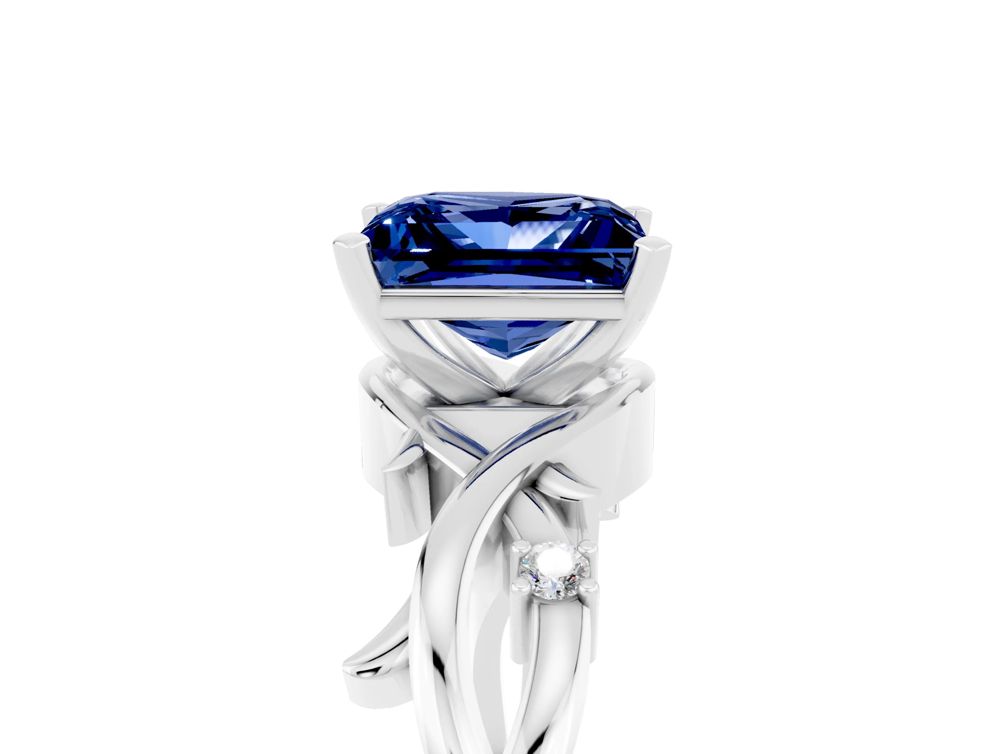 White gold Princess Cut Blue Sapphire Solitaire Ring with Twisted Band and Prong Setting_5