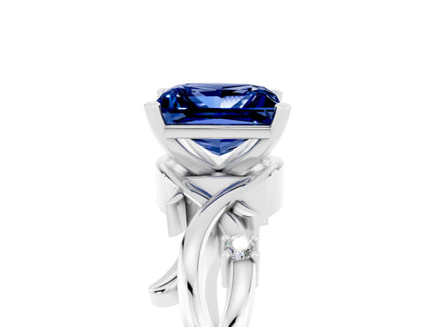 White gold Princess Cut Blue Sapphire Solitaire Ring with Twisted Band and Prong Setting_5